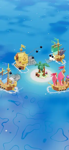 Four voxel galleons firing cannonballs at each other around a small palm island