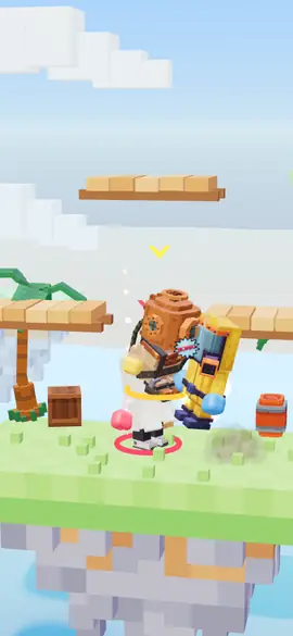 Two voxel brawlers trading punches on a grassy floating island with wooden ledges above