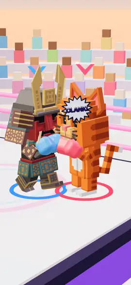 A voxel samurai and a fighter in an orange cat suit trading gloves in the ring