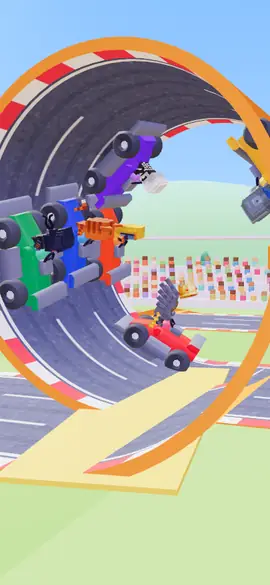Voxel racers in toy karts running upside down through the corkscrew loop