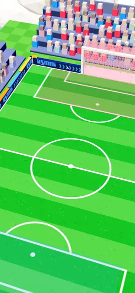 The Skyball stadium from above one end: a striped green pitch with a goal and voxel stands in the distance