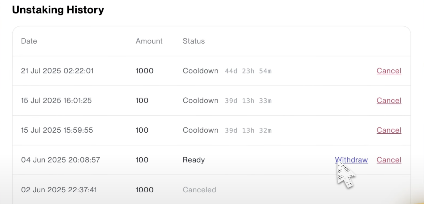 Withdraw button available after cooldown period