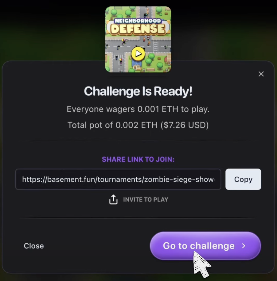 Share link interface with copy button for wager challenge