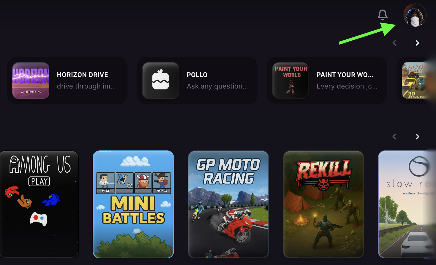 Profile icon in top right corner
