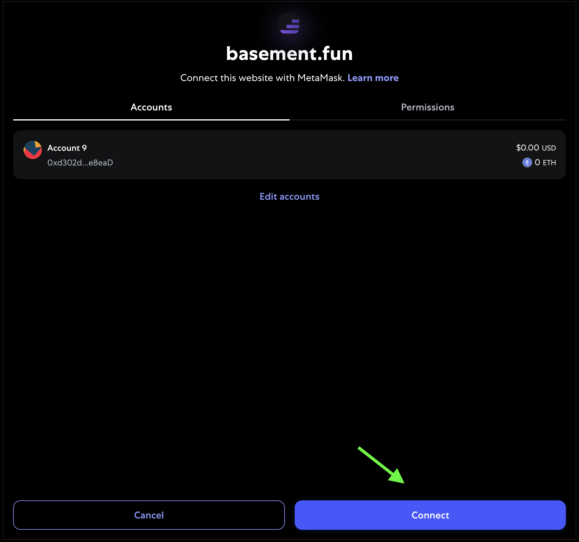 MetaMask connection confirmation dialog