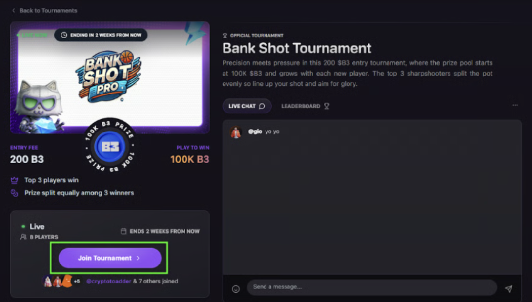Tournament details page showing rules, prizes, and leaderboard