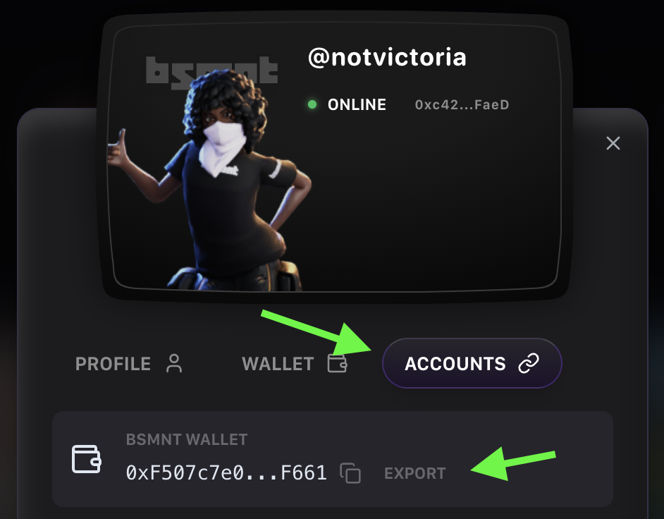 Accounts tab with Export button highlighted