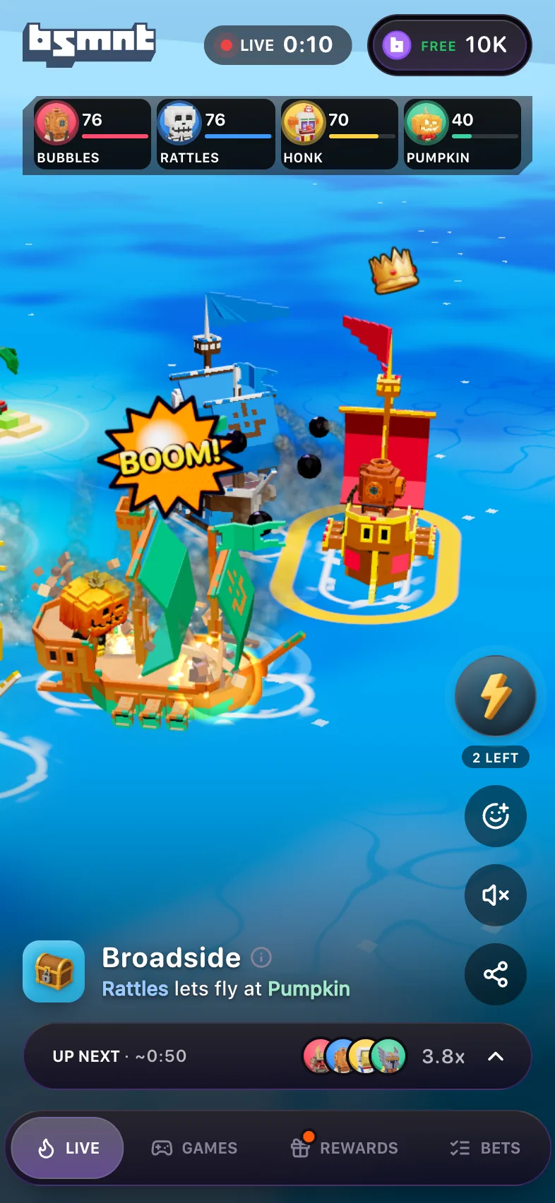 Live Broadside card at 0:10 with hull readings of 76, 76, 70 and 40 for Bubbles, Rattles, Honk and Pumpkin, a BOOM burst between the galleons, and the line Rattles lets fly at Pumpkin under the title