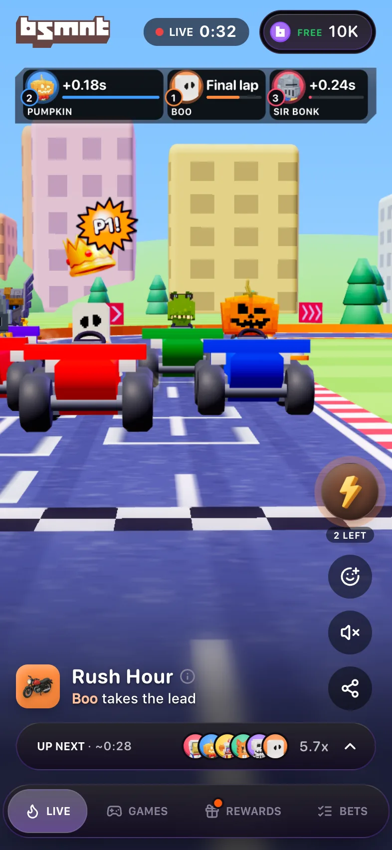 Live Rush Hour card at 0:32 with Boo taking the lead on the final lap, Pumpkin at +0.18s and Sir Bonk at +0.24s in the strip at the top, and the karts crossing the line onto the last lap
