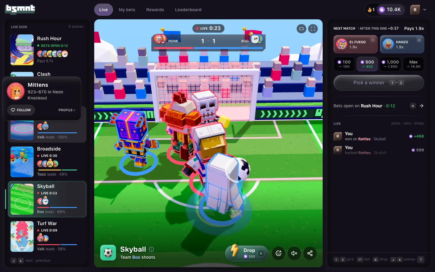 Desk with the mouse over a face in the arenas rail and a card for Mittens reading 923–870 in Neon Knockout, with Follow and Profile buttons, beside a live Skyball match