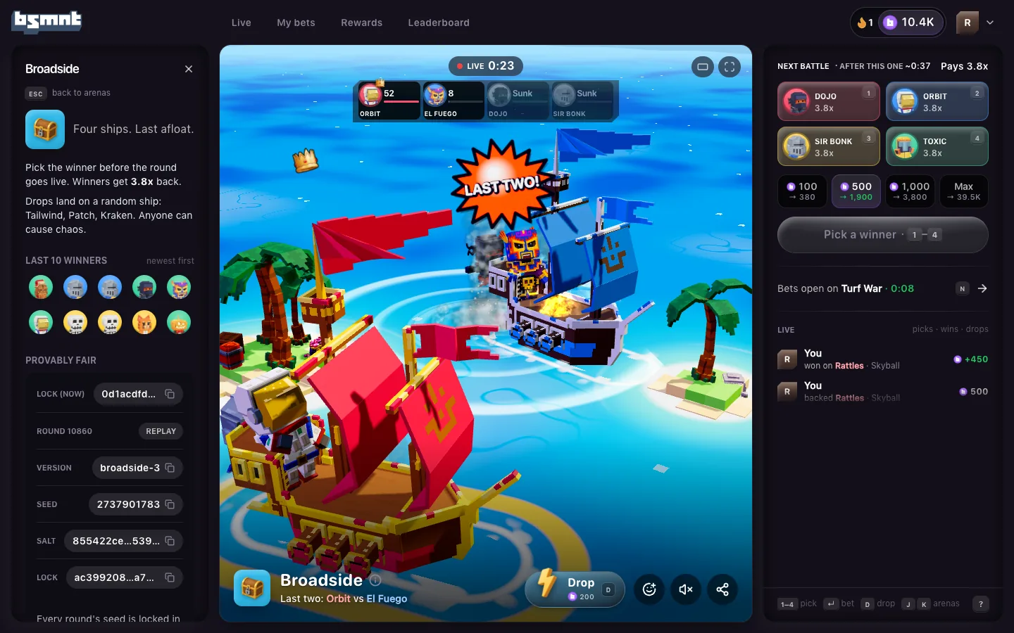 Broadside info panel on the left with the tagline Four ships. Last afloat., a short rules note, ten winner faces under Last 10 winners, and Provably fair with Lock (now), Round 10860 with Replay, and its Version broadside-3, Seed, Salt and Lock, beside a live Broadside match calling the last two ships