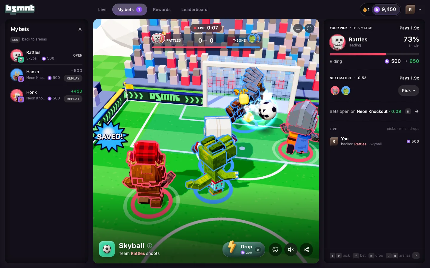 My bets panel on the left listing an open pick on Rattles in Skyball and two settled Neon Knockout picks, minus 500 and plus 450, each with Replay, beside a live Skyball match and a slip showing Your pick Rattles at 73% to win, riding 500 to 950
