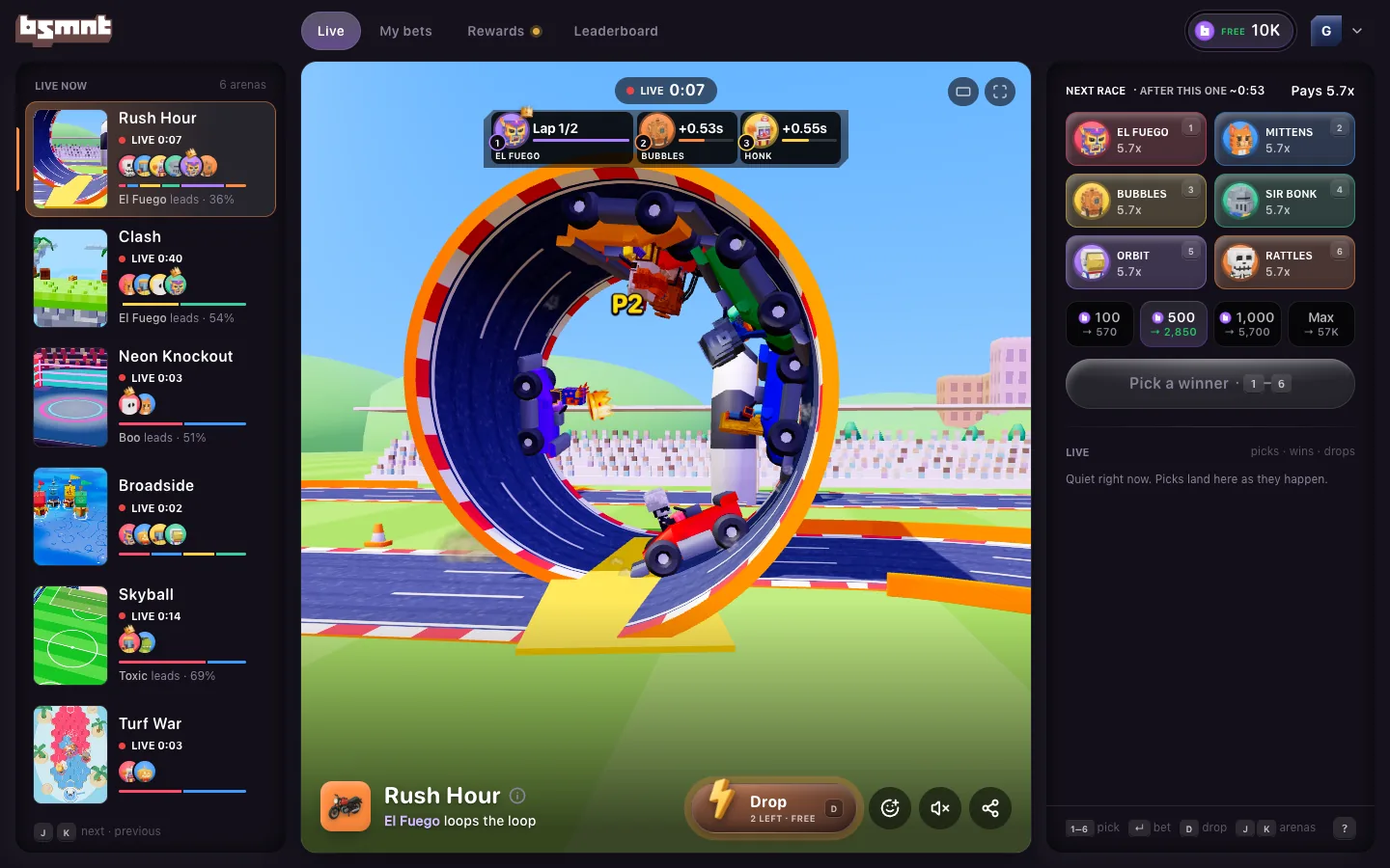 Basement desk with the six arenas listed live on the left, a Rush Hour kart looping the loop on the stage in the middle with the Drop, React, Sound and Share buttons under it, and the bet slip for the next race on the right with six karts at 5.7x and stake chips from 100 to Max