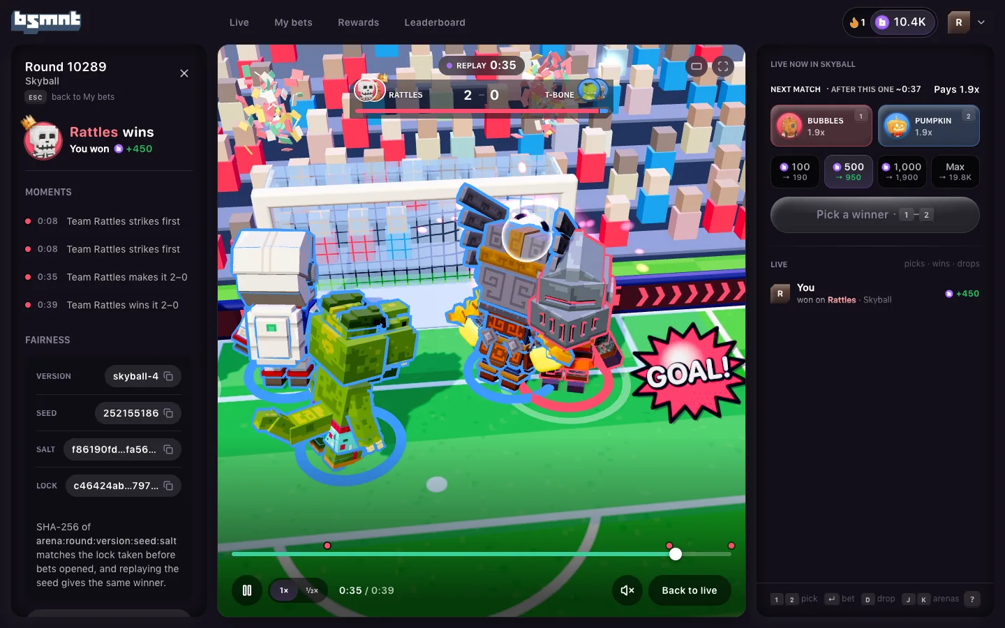 Replay of Skyball round 10289 on the stage at 0:35 as Rattles' squad scores for 2-0, the scrub bar with play, 1× and ½× buttons and Back to live, and a panel on the left with Rattles wins, You won +450, four moments with their times, and the Fairness values skyball-4, seed, salt and lock