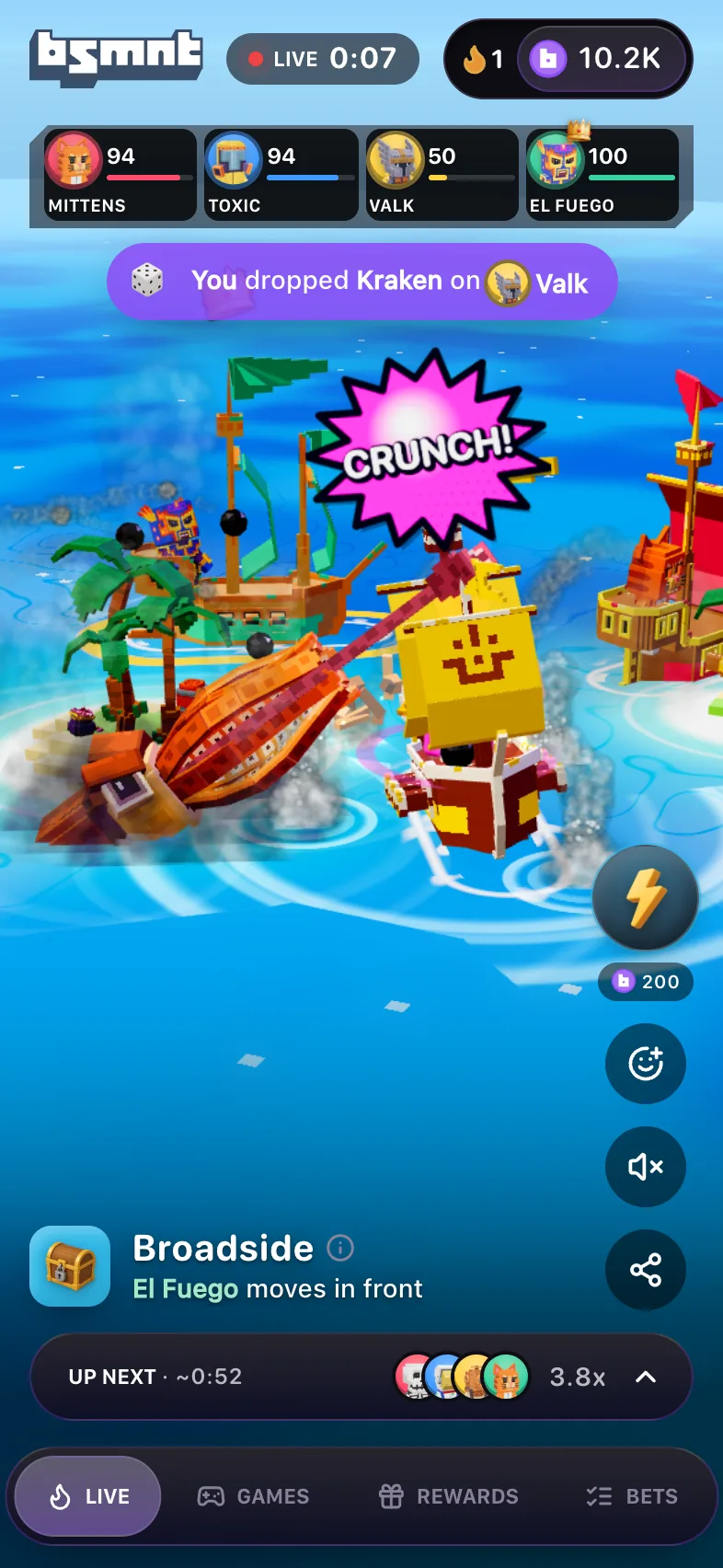 Broadside match at 0:07 with a giant squid wrapped round Valk's yellow ship under a CRUNCH burst, Valk's hull at 50 in the strip at the top, and a note reading You dropped Kraken on Valk