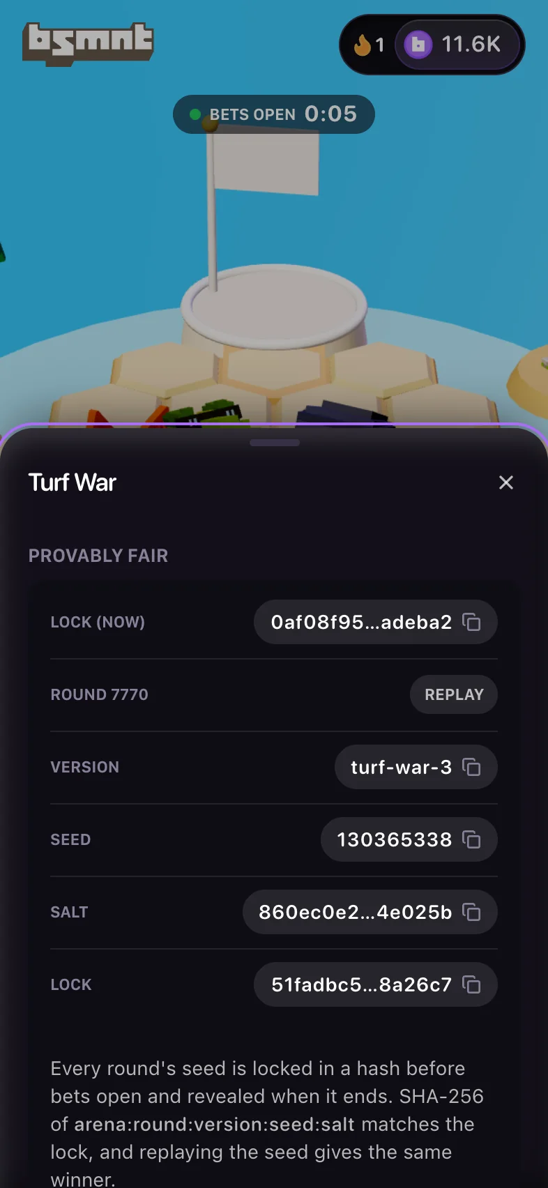 Turf War Game info sheet showing Lock (now), Round 7770 with a Replay button, and that round's Version, Seed, Salt and Lock, each with a copy icon