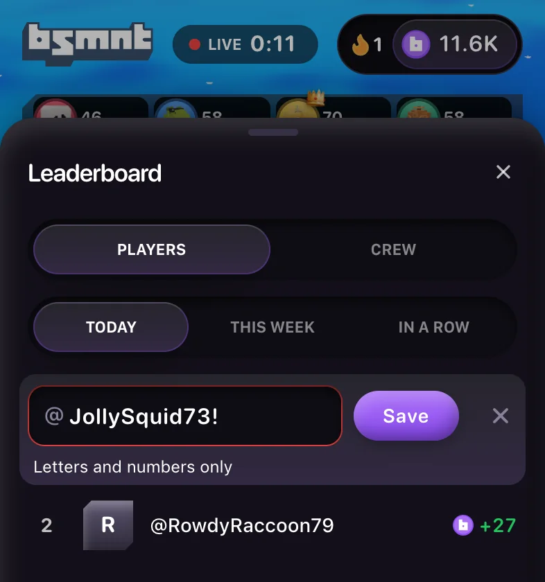 Leaderboard with the rename field open on the viewer's row, a Save button, and the hint Letters and numbers only