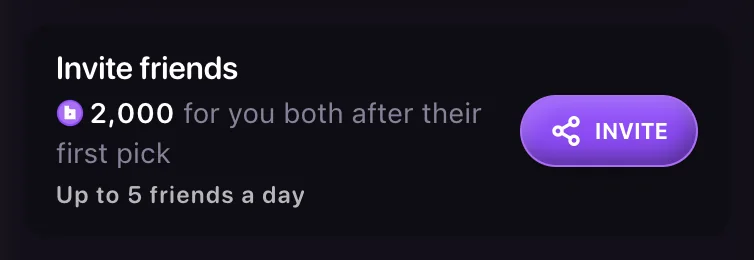 Invite friends card reading 2,000 for you both after their first pick and Up to 5 friends a day, with an Invite button