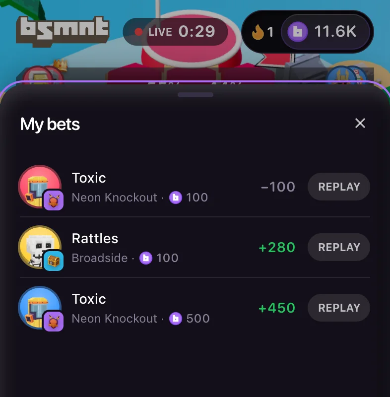 My bets list with three settled picks: Toxic in Neon Knockout at minus 100, Rattles in Broadside at plus 280, and Toxic at plus 450, each with a Replay button