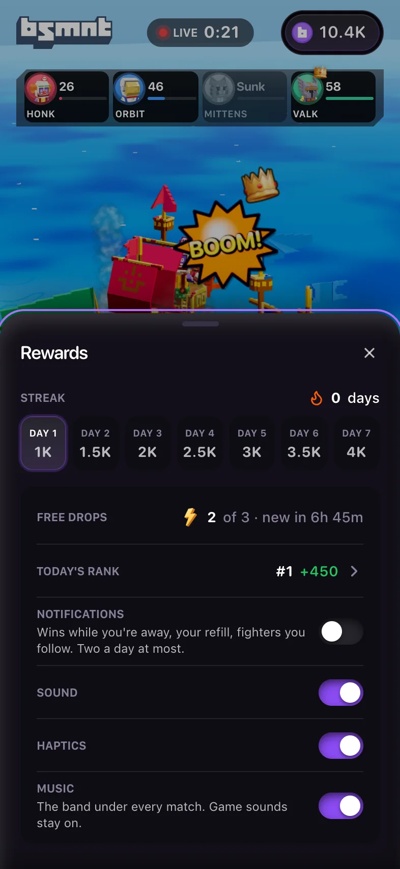 Rewards sheet listing Free drops, Today's rank, and switches for Notifications, Sound, Haptics and Music