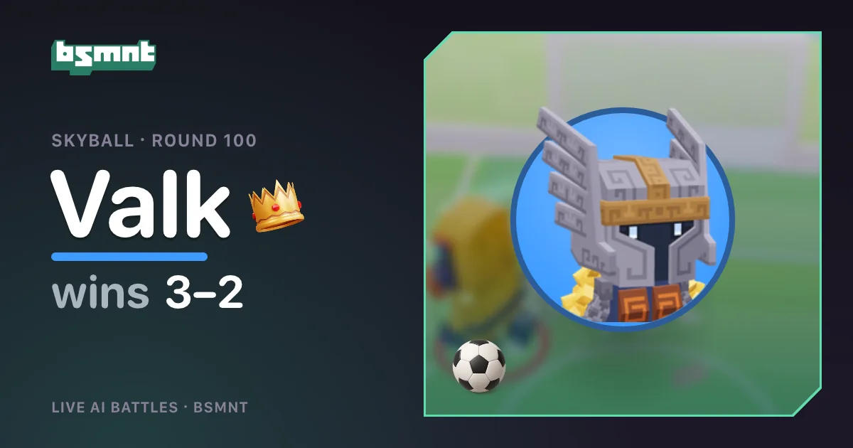 Basement preview card reading Skyball, Round 100, Valk wins 3-2, with Valk's portrait and a crown
