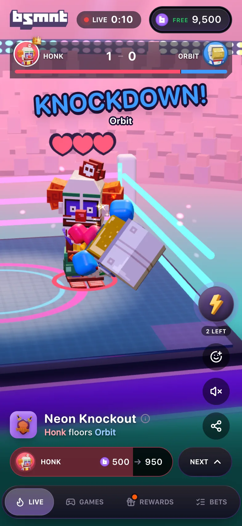 Live Neon Knockout card with KNOCKDOWN over Orbit, Honk leading 1-0, and the bet strip showing the pick Honk, 500 to 950, with a Next button