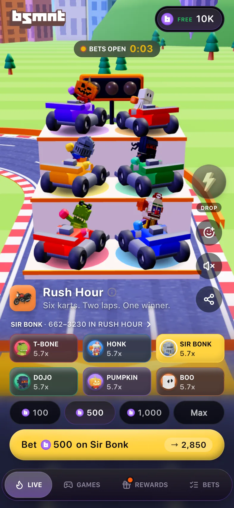 Rush Hour lineup with Bets open 0:03, six karts at 5.7x with Sir Bonk selected, stake chips 100, 500, 1,000 and Max, and a button reading Bet 500 on Sir Bonk with 2,850 next to it