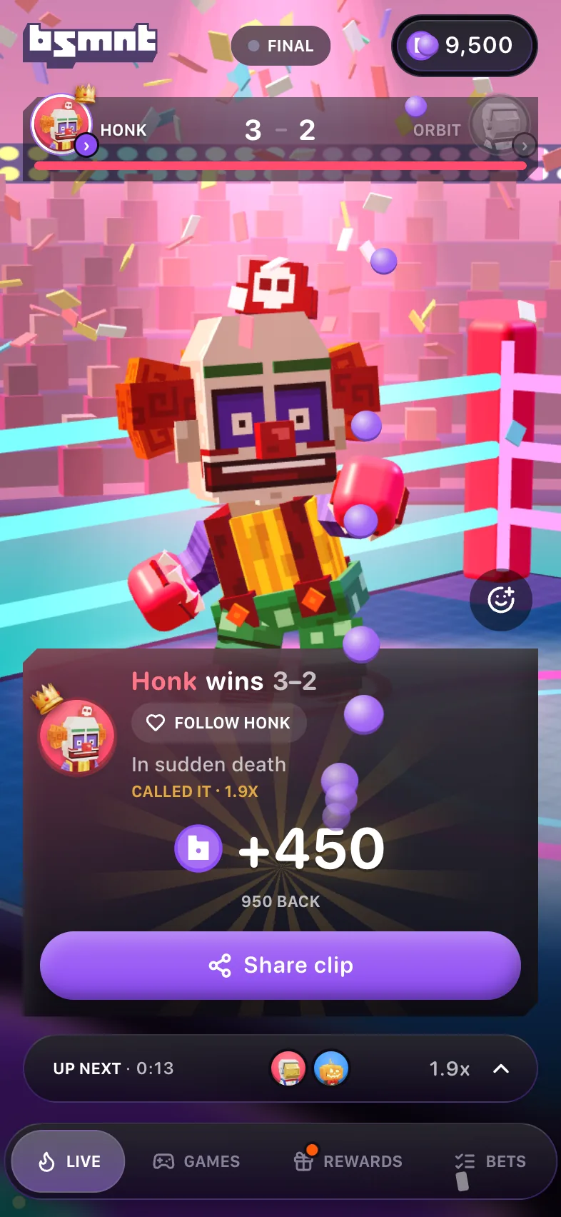 Result after Honk won 3-2 in sudden death, reading Called it 1.9x, plus 450 and 950 back, with a Follow Honk button and a Share clip button