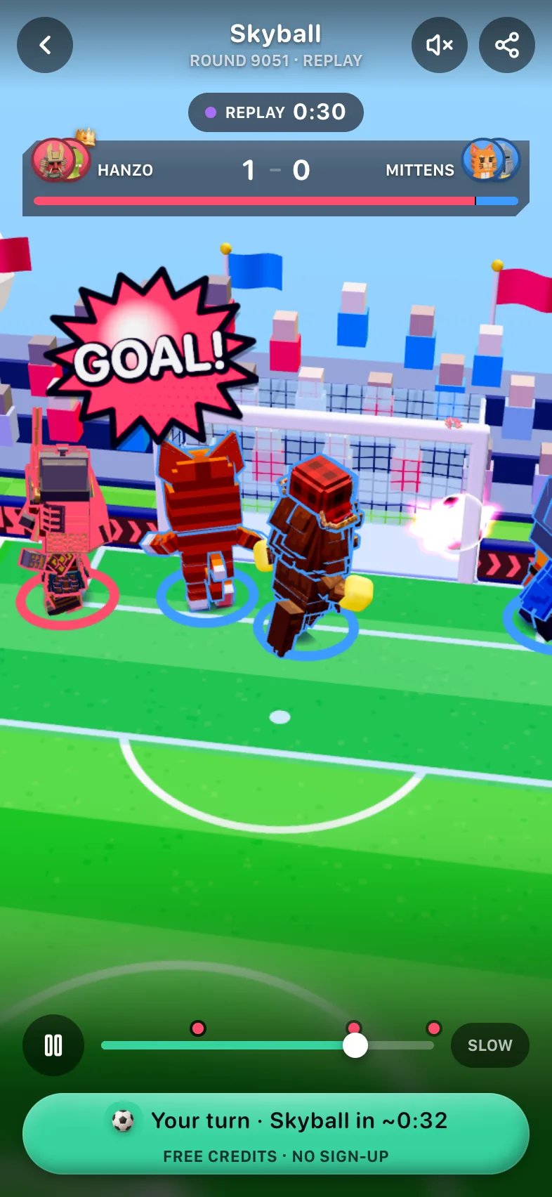 Replay of Skyball round 9051 at 0:30 with a GOAL burst and Hanzo's squad up 1-0 on Mittens', the scrub bar with its marks, and a green Your turn · Skyball in ~0:32 button reading Free credits · no sign-up