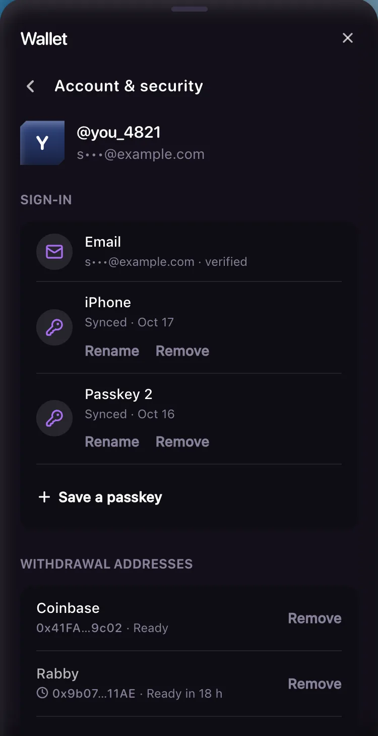 Account and security screen showing the handle and masked email, an Email row marked verified, two passkeys with Rename and Remove, Save a passkey, and two withdrawal addresses, one Ready and one Ready in 18 h