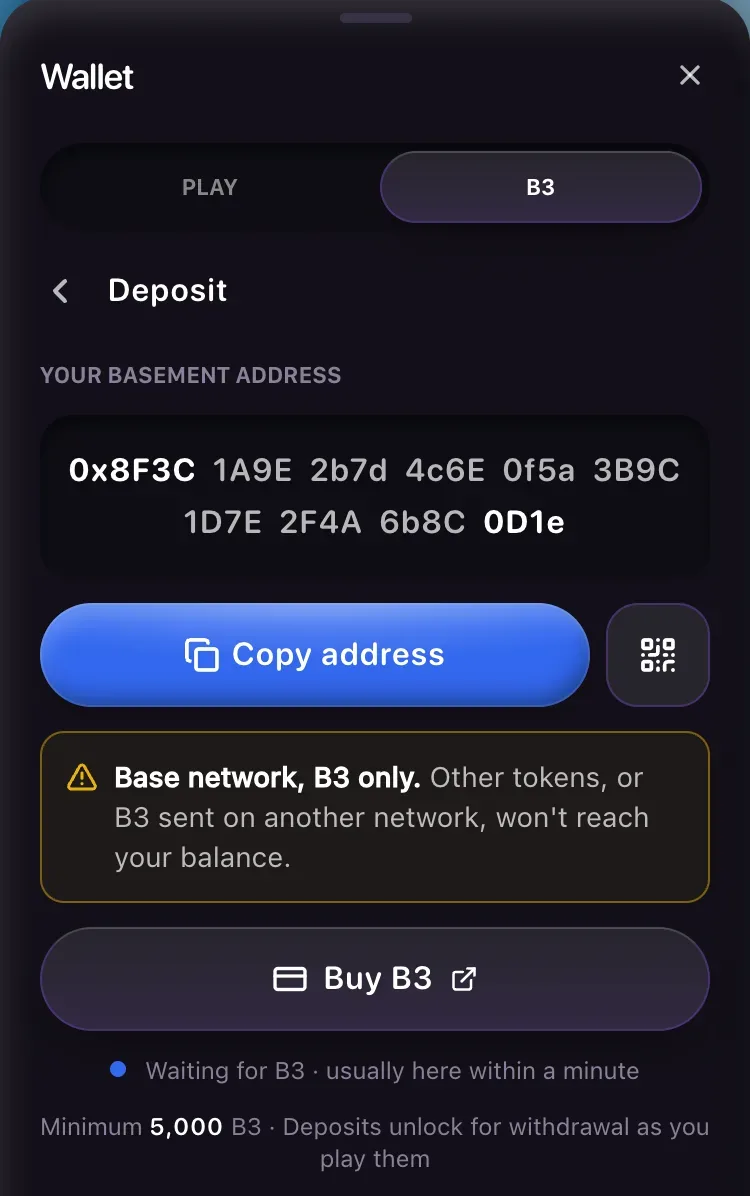 Deposit screen showing Your Basement address in groups of four, a Copy address button and a QR button, a yellow box saying Base network, B3 only, a Buy B3 button, Waiting for B3, usually here within a minute, and Minimum 5,000 B3