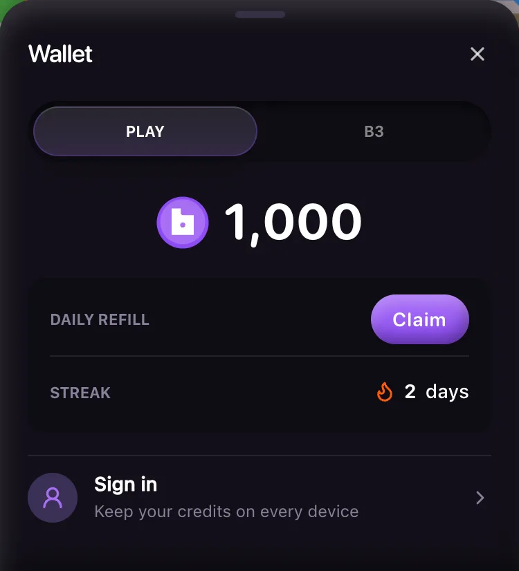Wallet sheet showing a balance of 11.4K, Daily refill in 6h 44m, and a streak of 1 day