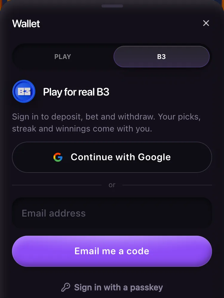 Wallet sheet on the B3 tab showing Play for real B3, a Continue with Google button, an email address field with Email me a code, and Sign in with a passkey